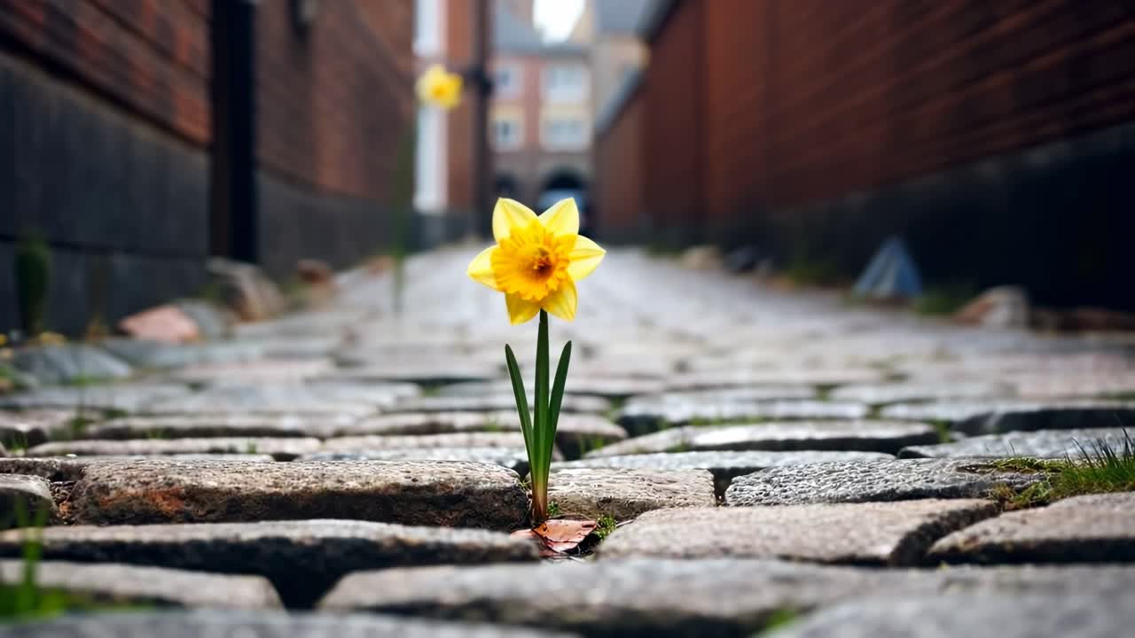 Uma filmagem de vídeo em ângulo baixo de uma flor amarela vibrante crescendo entre paralelepípedos em um beco estreito