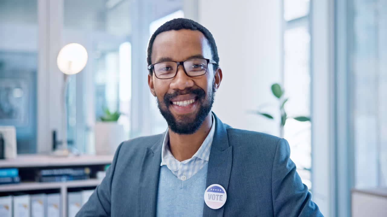 Voter man, election pin and face with smile