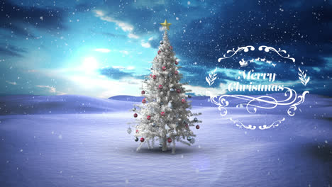 Animation-of-christmas-greetings-over-winter-landscape-background-with-christmas-tree