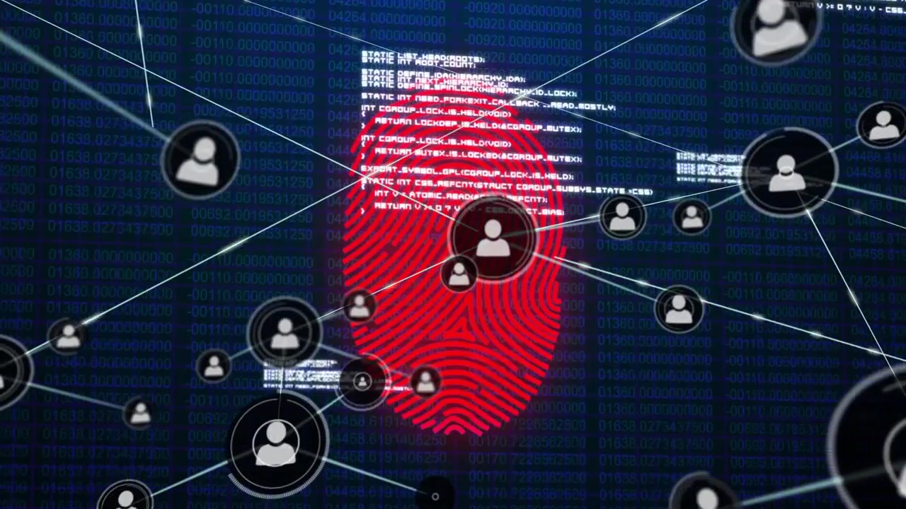 En central node vises på et fingeraftryk og tegner en linje, der skaber noder, som kortlægger kontonetværket.