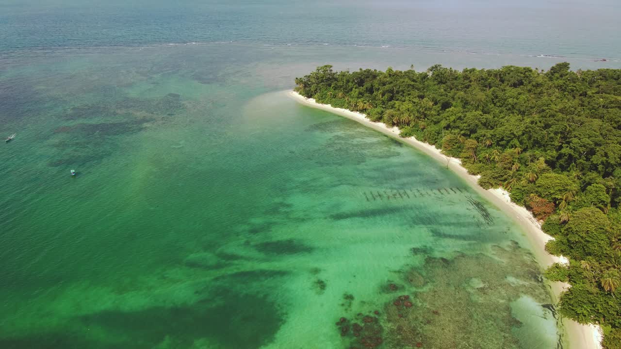 costa rica cahuita playa de la orilla del avión no tripulado con agua turquesa clara y costa arenosa, avión no tripulado aéreo de 4k
