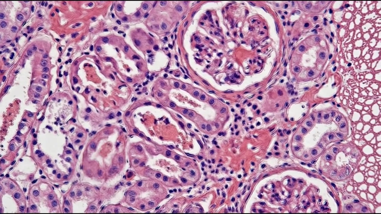 Immagine microscopica di vetrino istologico di tessuto glomerulare renale.