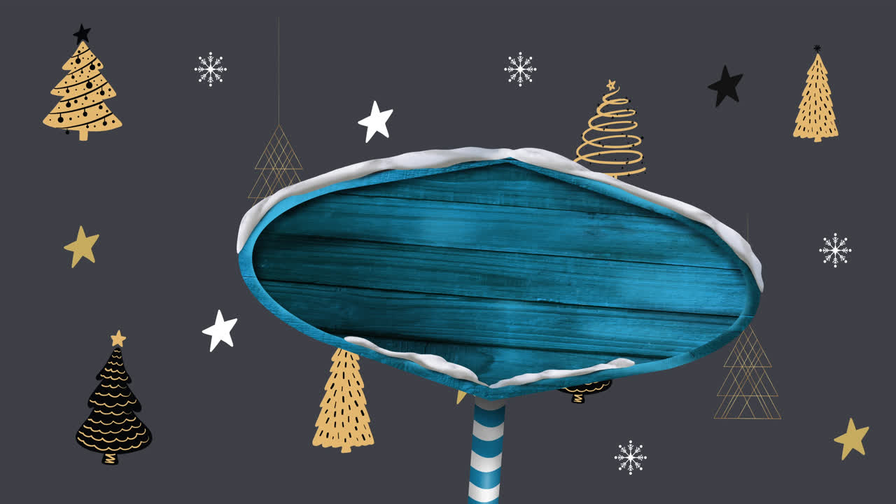 Blue wooden sign post against multiple christmas tree icons on grey background
