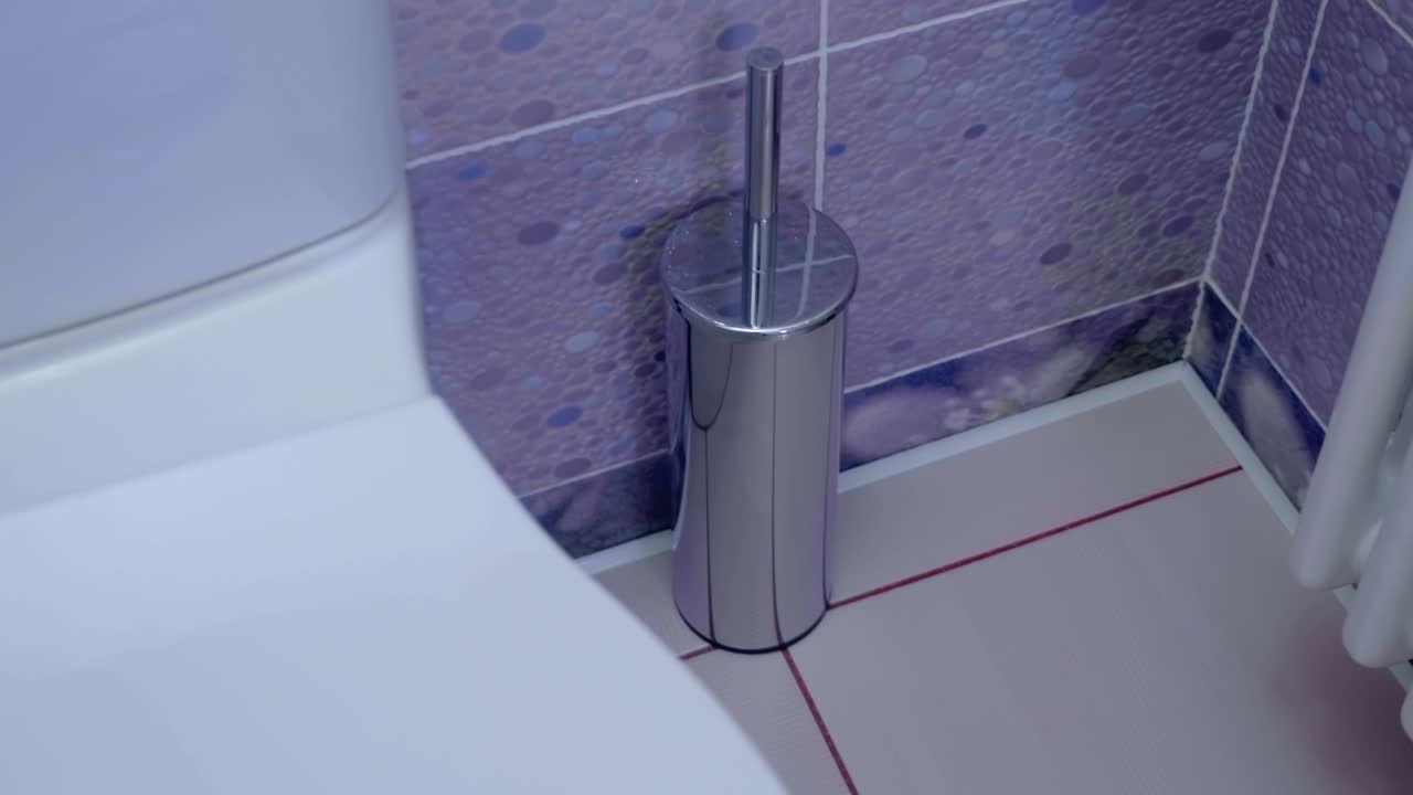 Chrome-plated toilet brush on the floor of the bathroom, lined with pink tiles