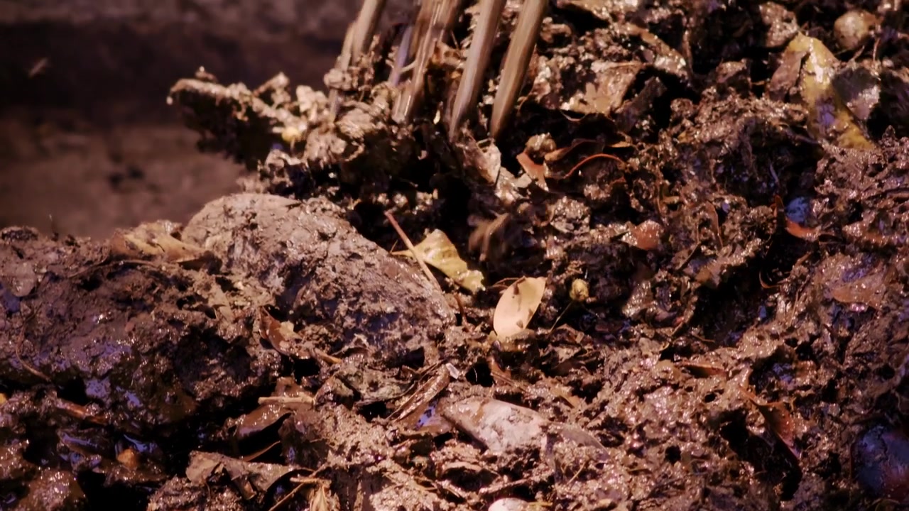 A rich organic fruit compost pile is actively turned and mixed with shovels and rakes, captured with a dynamic traveling shot. This process is integral to the project's sustainable waste