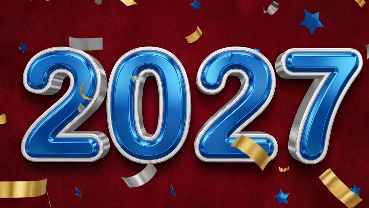 Animazione del numero di Capodanno 2027 blu e rosso con tipografia lucida su sfondo scuro