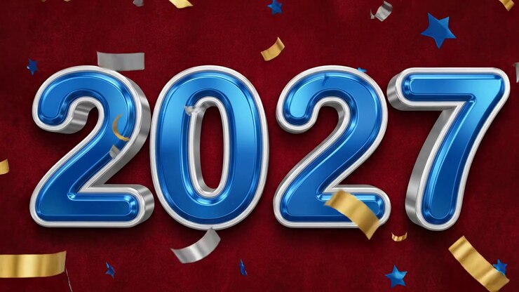 Animazione del numero di Capodanno 2027 blu e rosso con tipografia lucida su sfondo scuro