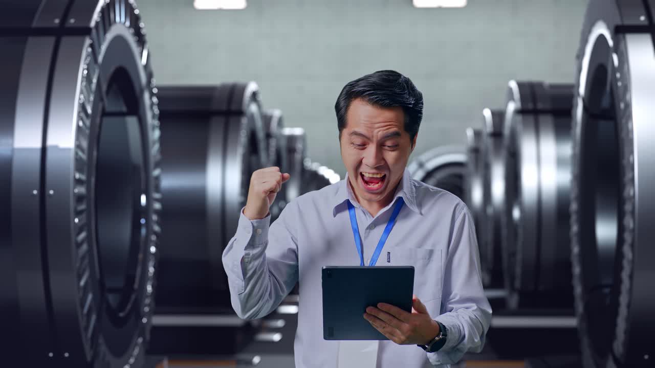 산업 환경에서 태블릿에서 데이터를 검토하는 흥분된 엔지니어