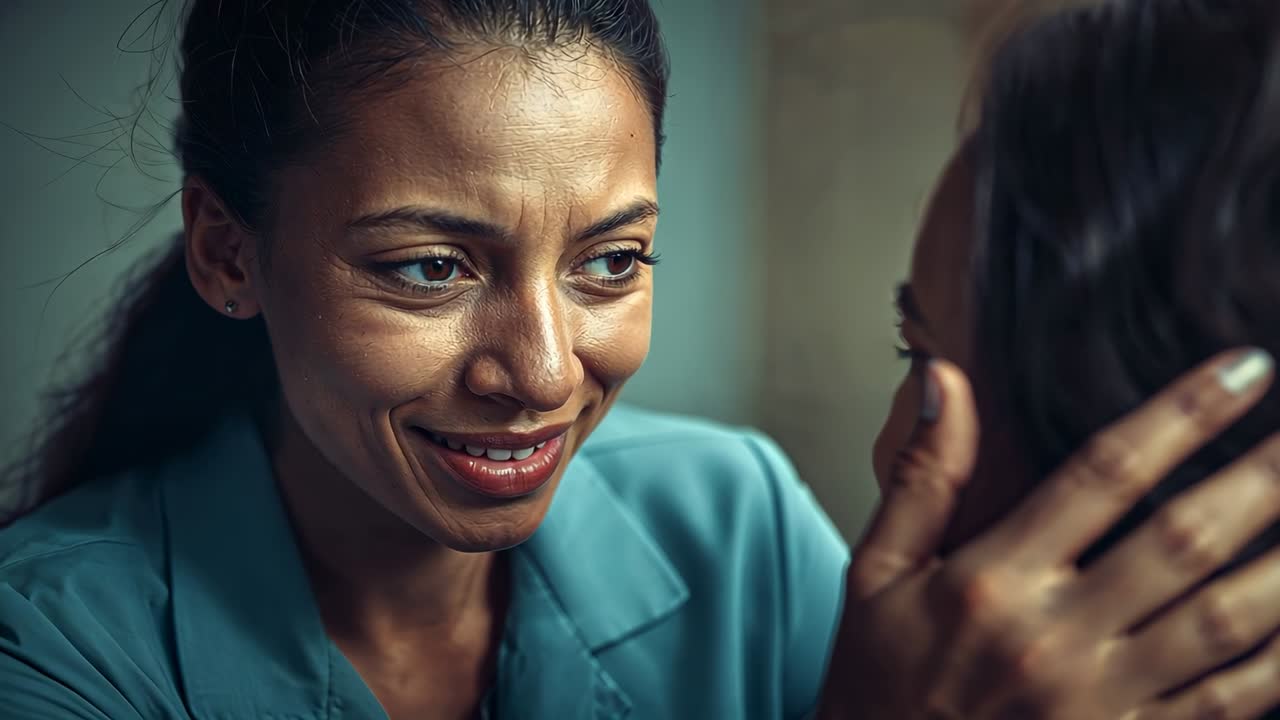 Raising right hand, Hispanic woman cupping face and offering comfort in teal jacket at clinic