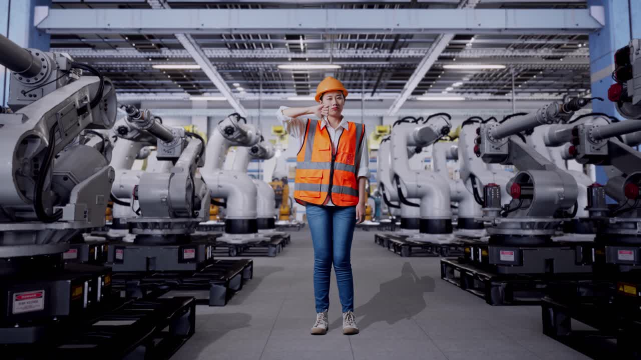 Woman Engineer in a Factory with Robots