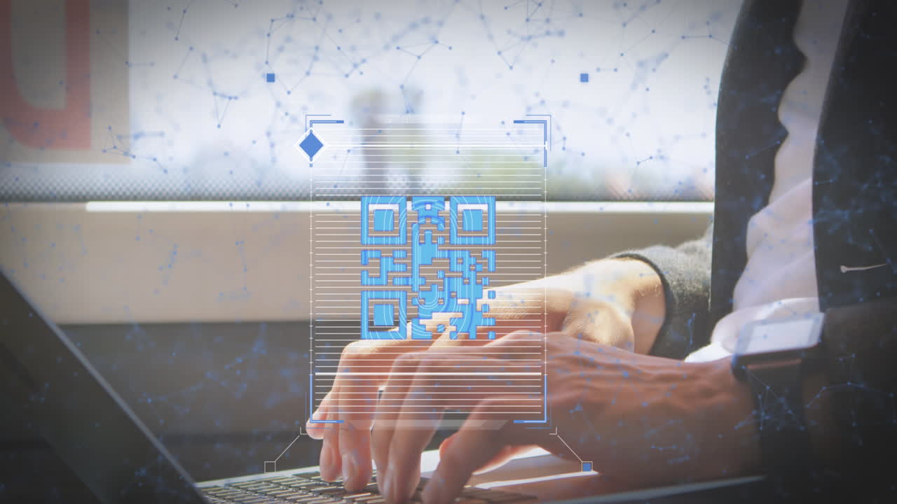 Animation of network of connections with qr code over caucasian man using laptop