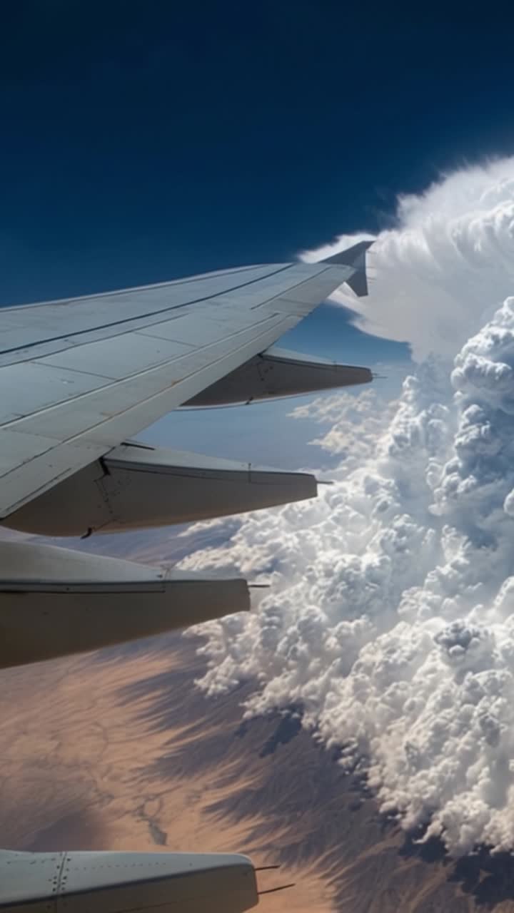 Luftfoto taget fra flyvinge, der viser dramatiske stormskyer, der kolliderer med klar himmel ovenover betagende ørkenterræn nedenunder i et fascinerende landskab