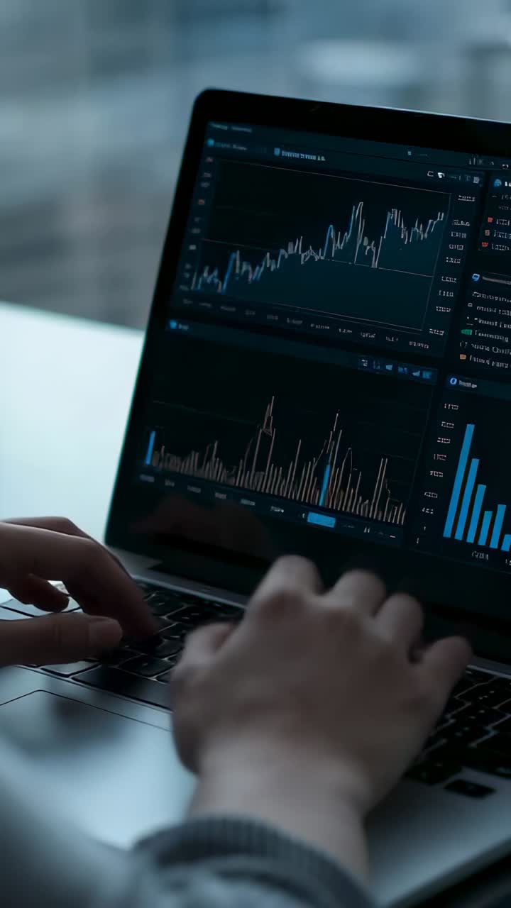 Vertical video: Typing analyst's hands at desk, reacting to dashboard update on laptop, gray cuff