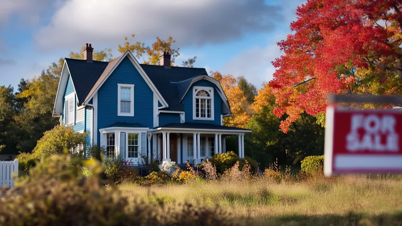 Charming Blue House for Sale Surrounded by Scenic Autumn Foliage and a Beautiful Front Yard in a Serene Neighborhood Setting