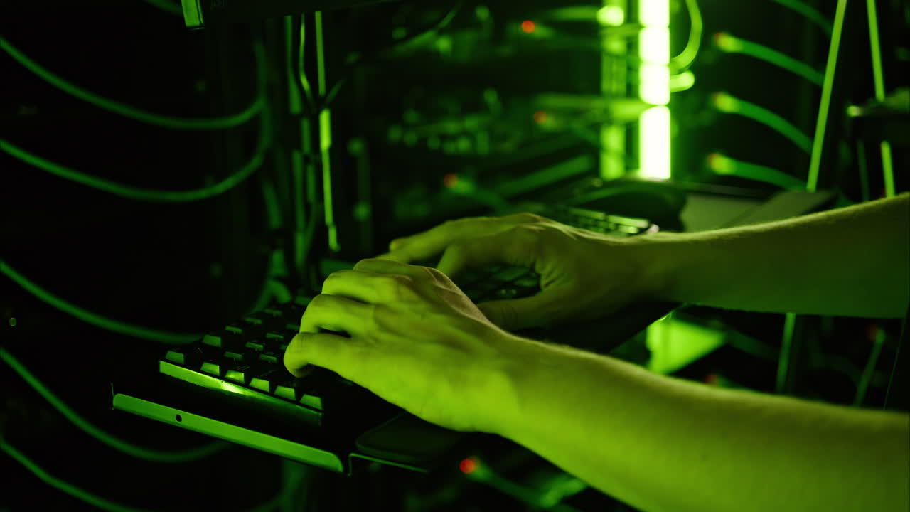 Close up of a man programming in a server room with green lights
