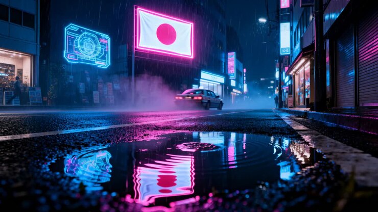 Rippling puddle reflecting Japanese-flag neon while taxi passing on wet street, mist rising