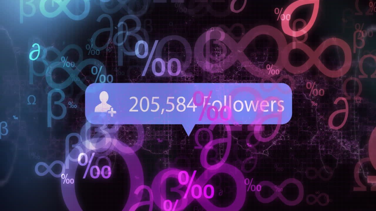 Colorful percentage symbols and infinity signs animating social media followers count