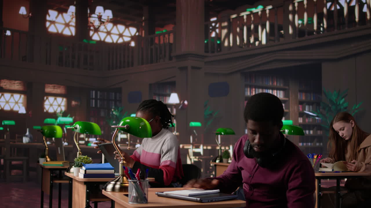 Vertical video african american male student completes textbook with handwritten class notes