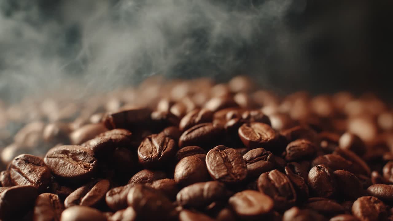 Udforskning af den rige aroma og tekstur af friskristede kaffebønner omgivet af æterisk røg i en livlig, mørk atmosfære.