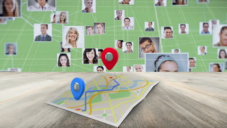 animación del mapa con pines de ubicación, red de conexiones y fotos de personas de negocios