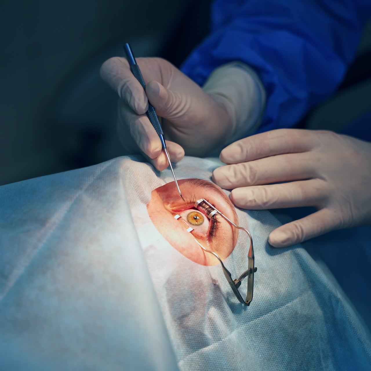 Vision correction operation. Surgeon's hands in gloves performing ophtalmology operation. Modern clinic and equipment. Selective video focus on the process.