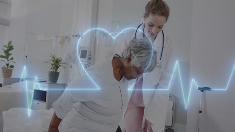 animation of heartrate monitor over diverse female doctor helping senior patient