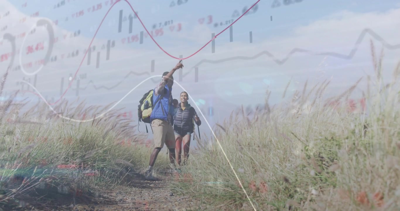Hikers hiking toward camera man pointing horizon showing way, woman watching market charts over sky