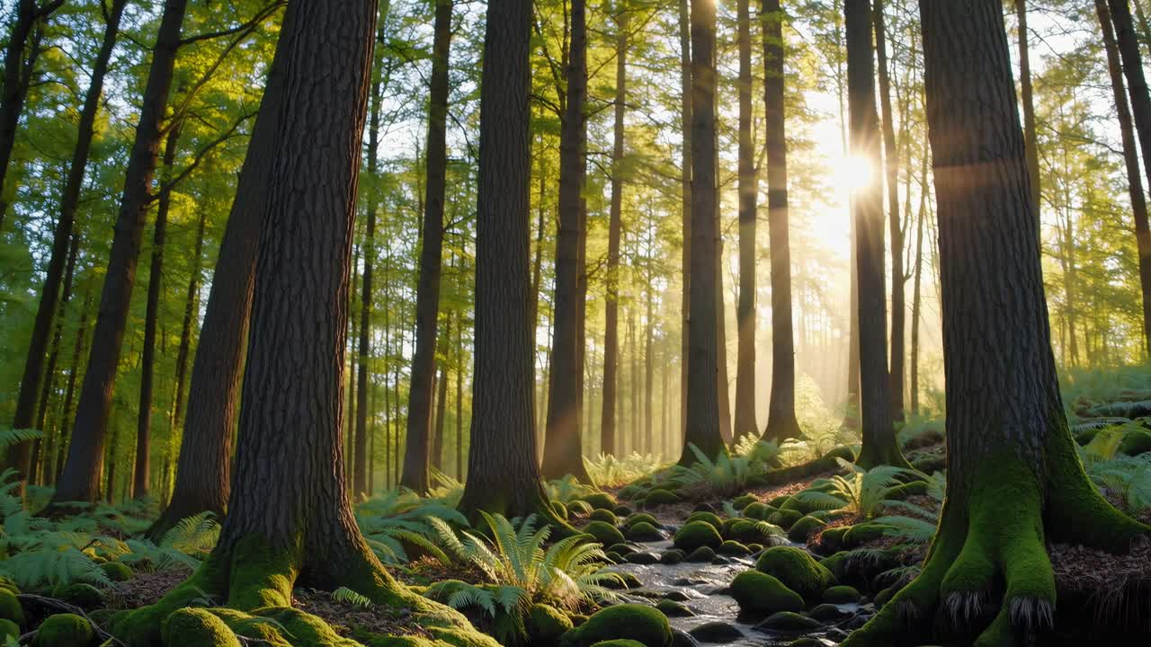 Sunlit forest scene with tall trees and a mossy stream, captured from a low angle