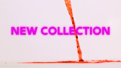 animation of new collection text over red liquid on white background