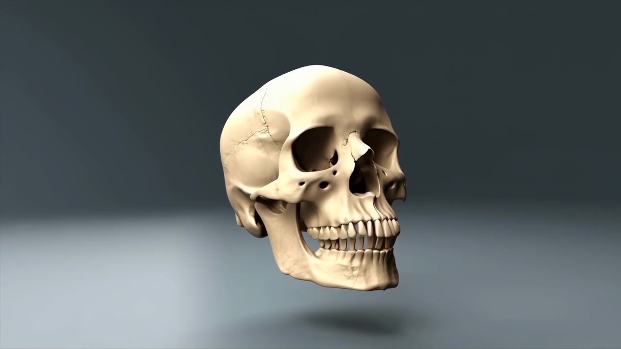 Frammenti di cranio rotti e una mascella inferiore fluttuano separati su uno sfondo da studio grigio scuro con un'illuminazione soffusa e drammatica, creando una composizione anatomica surreale