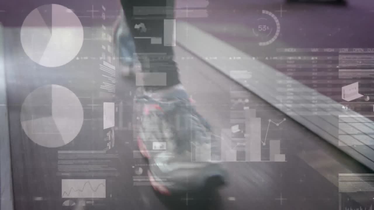 Animation of network of connections and data processing over woman exercising in gym