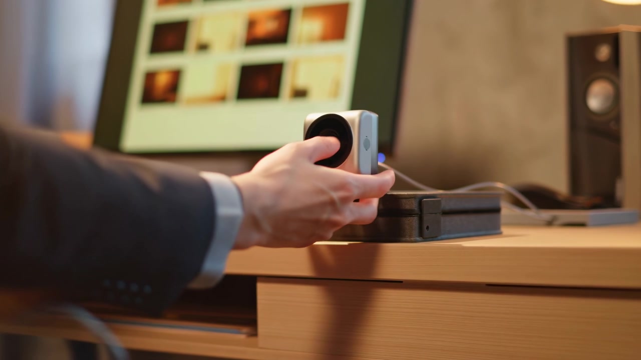 person in suit engaging with metal device on wooden desk in office workspace, close-up slightly angled, neutral mood, monitor visible, business and technology context, professional setting.