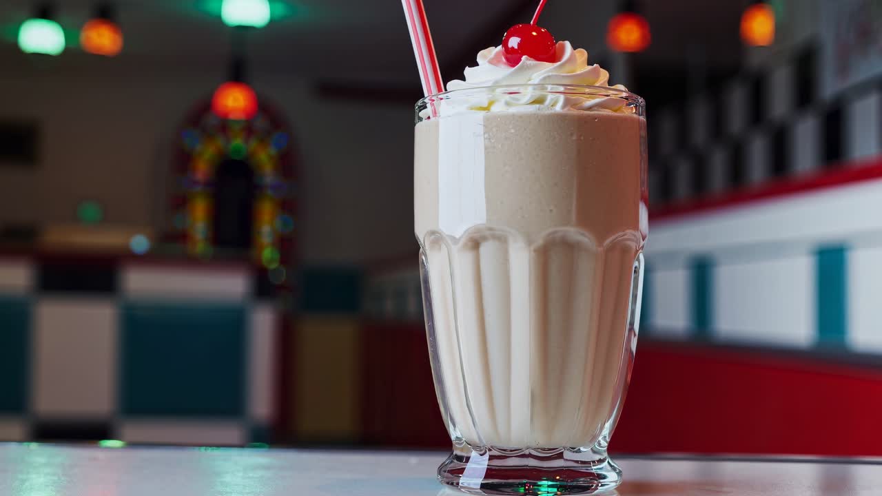 Retro milkshake with whipped cream and cherry in a diner setting