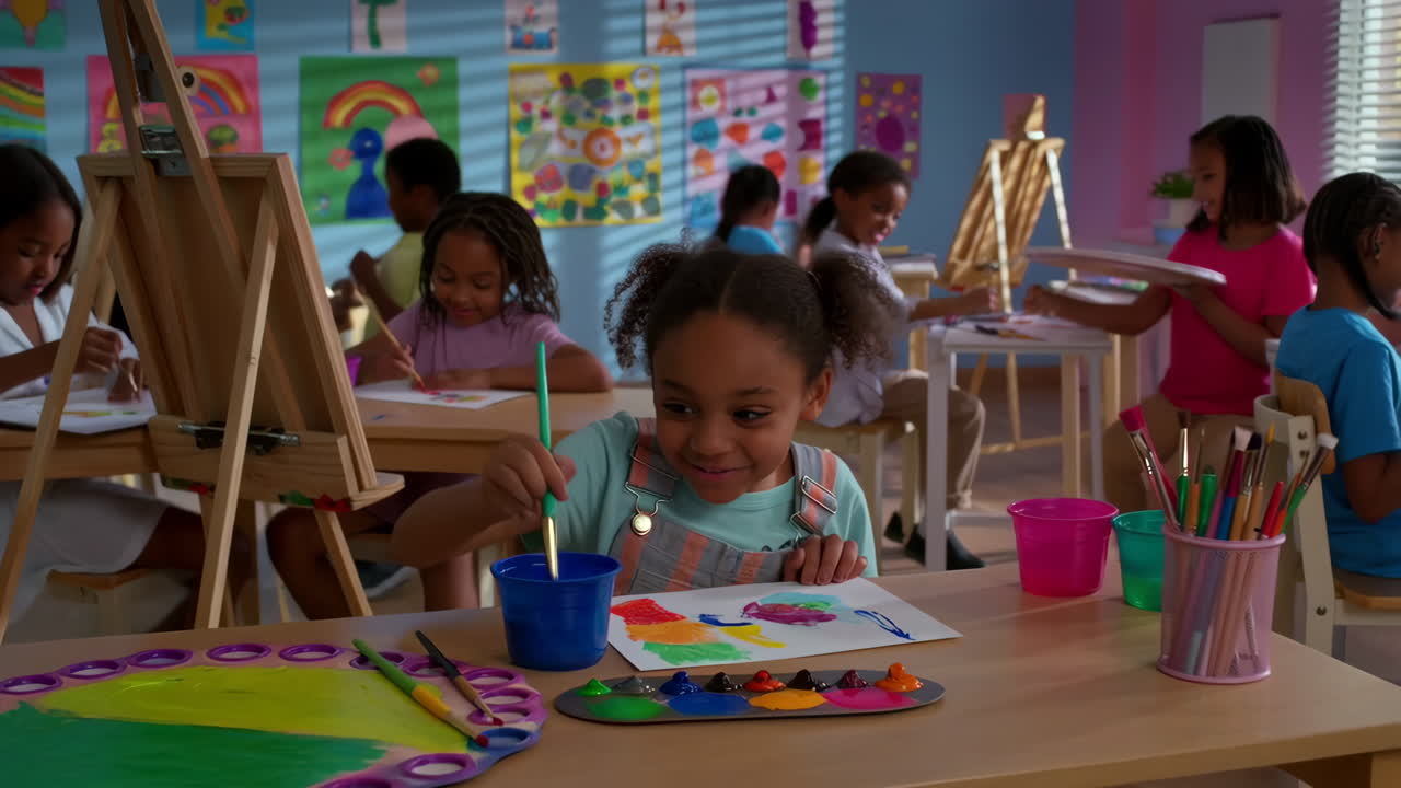 Children Painting and Learning in an Art Class