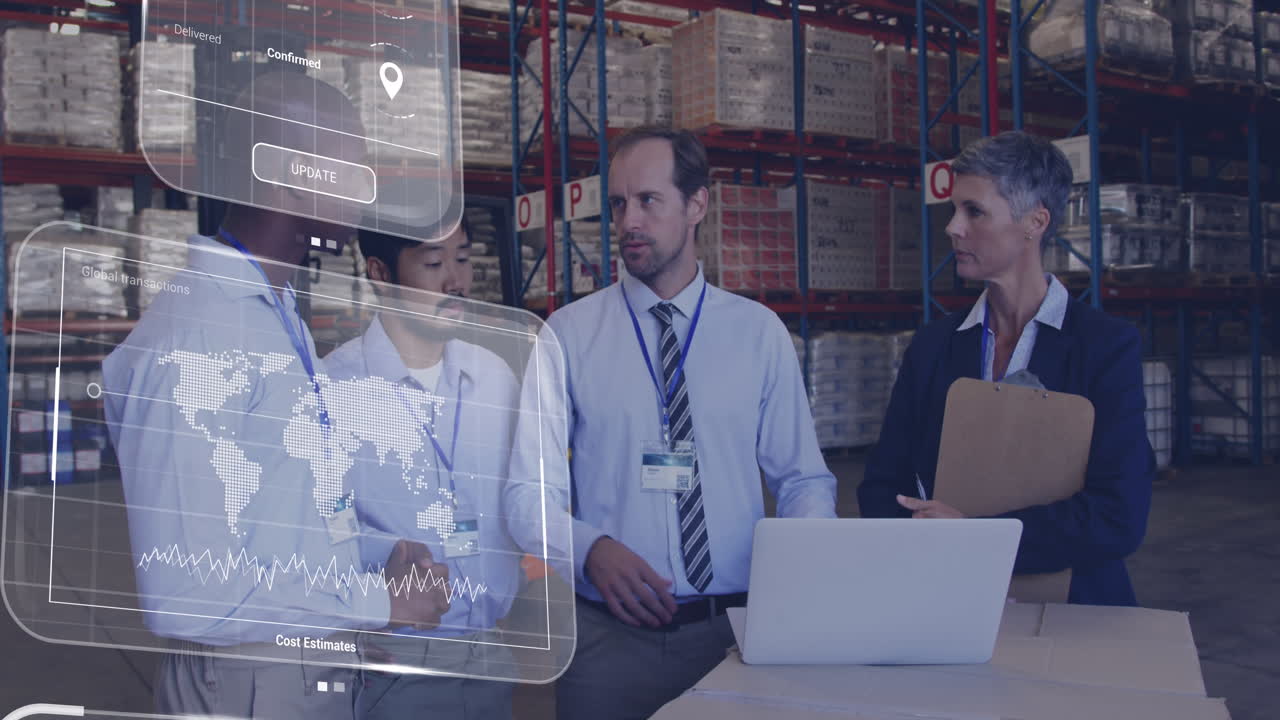 animación del procesamiento de datos en pantalla sobre diversas personas que trabajan en el almacén