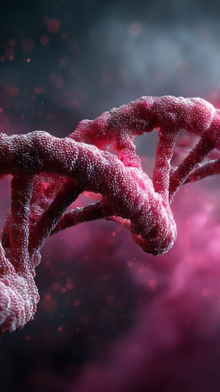 A Close-Up View of a DNA Structure Illuminated in Vibrant Pink and Red Hues, Capturing the Intricacies of Genetic Material in a Stunning Light and Design