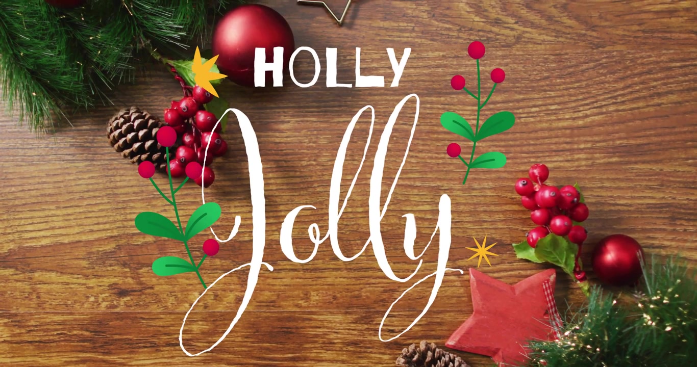 Animasjon av teksten «Holly Jolly» over juledekorasjoner på en trebakgrunn