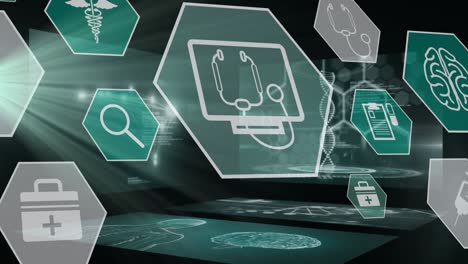 animación de la interfaz digital con iconos médicos en fondo negro