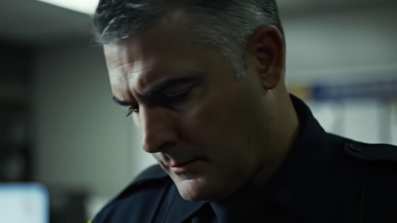 A thoughtful police officer reflects on his duties and responsibilities, showcasing his dedication and the emotional weight of law enforcement in a quiet moment of contemplation