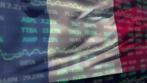 animación del procesamiento de datos del mercado de valores contra la bandera de francia ondeando