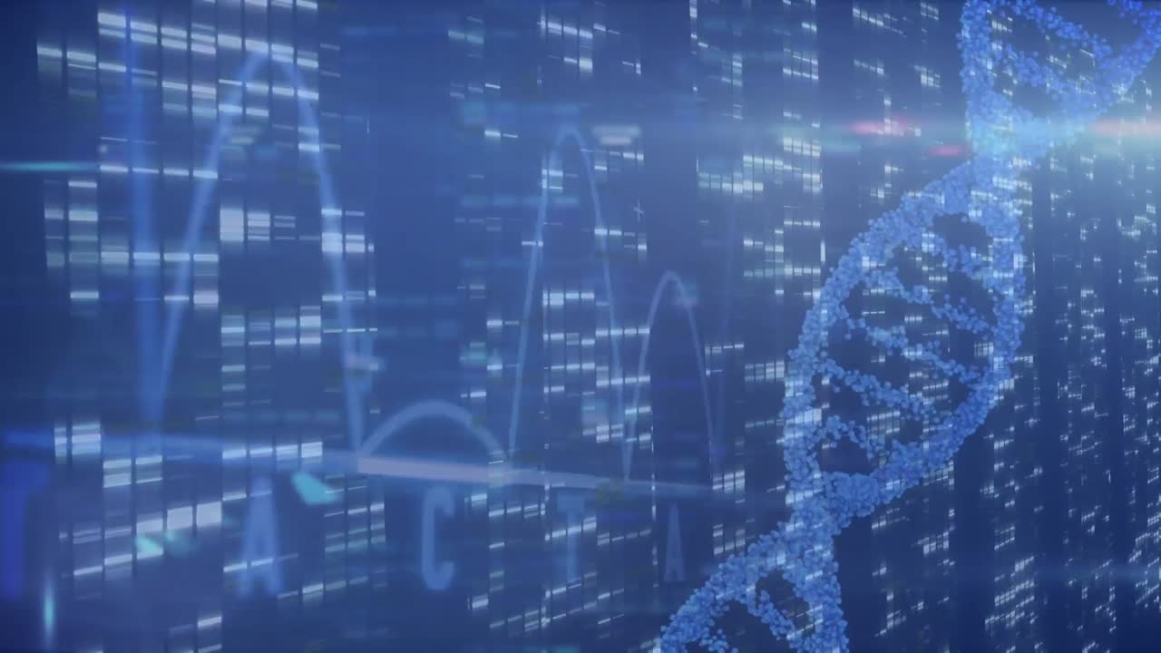 Animace DNA řetězce se zpracováním dat přes pohybující se sloupce na modrém pozadí