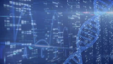 Animation-of-dna-strand-with-data-processing-over-moving-columns-on-blue-background