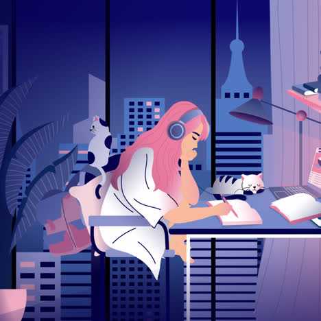 estudio nocturno en un apartamento con vista a la ciudad