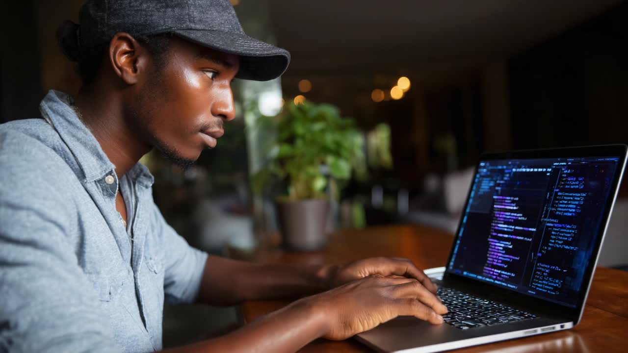 Focused Individual Writing Code on a Laptop in a Cozy Indoor Setting, Highlighting the Art of Programming and the Engagement with Technology and Software Development in a Modern Workspace