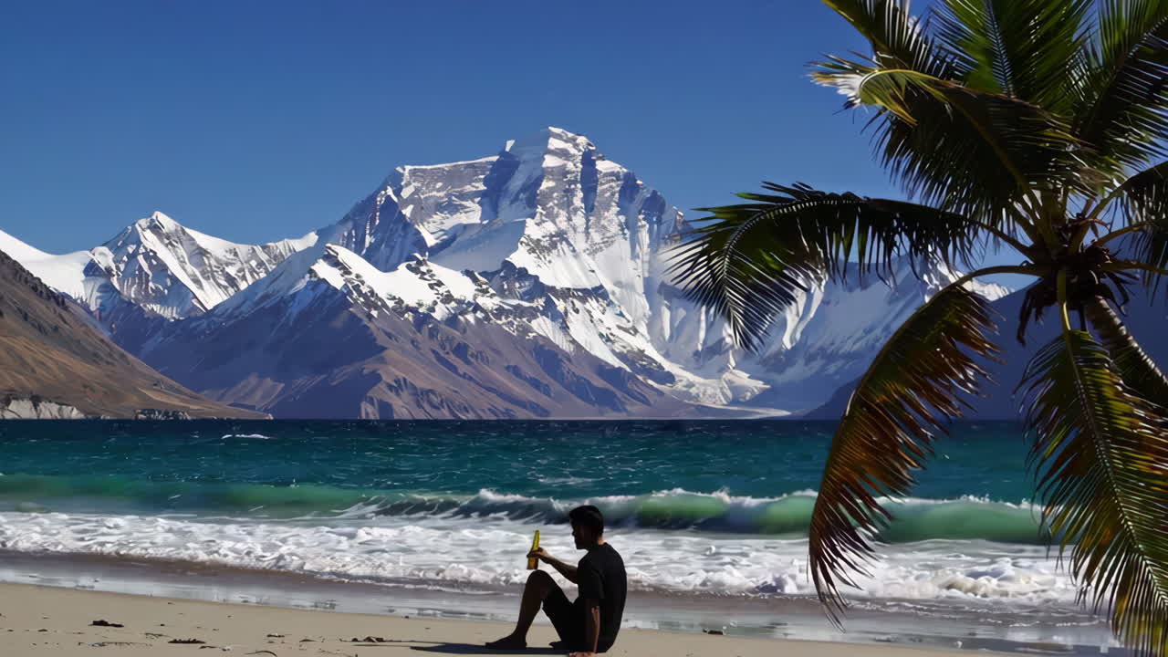 Man relaxing on a beach with snow-capped mountains