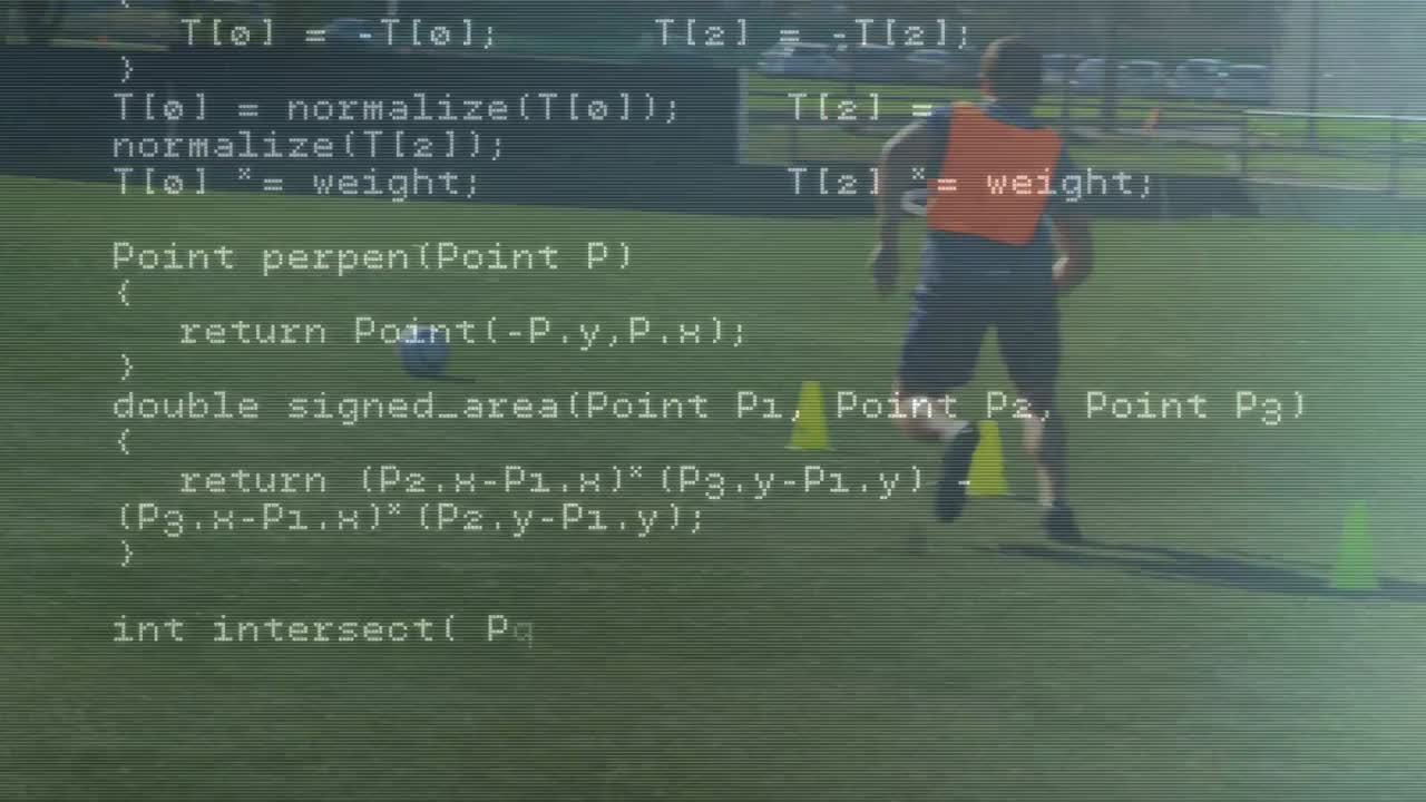 Data processing against caucasian male soccer player practicing on sports field