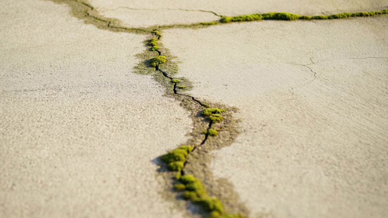 Vista ravvicinata di lastre di cemento consumate con profonde crepe riempite di muschio verde, mostrate da un'angolazione bassa all'aperto con una striscia d'erba al bordo e una superficie ruvida