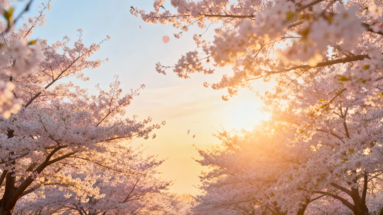 移りゆく日差しが照らす逆光の桜の天蓋が中央の通路を縁取り、その間から太陽が顔をのぞかせる