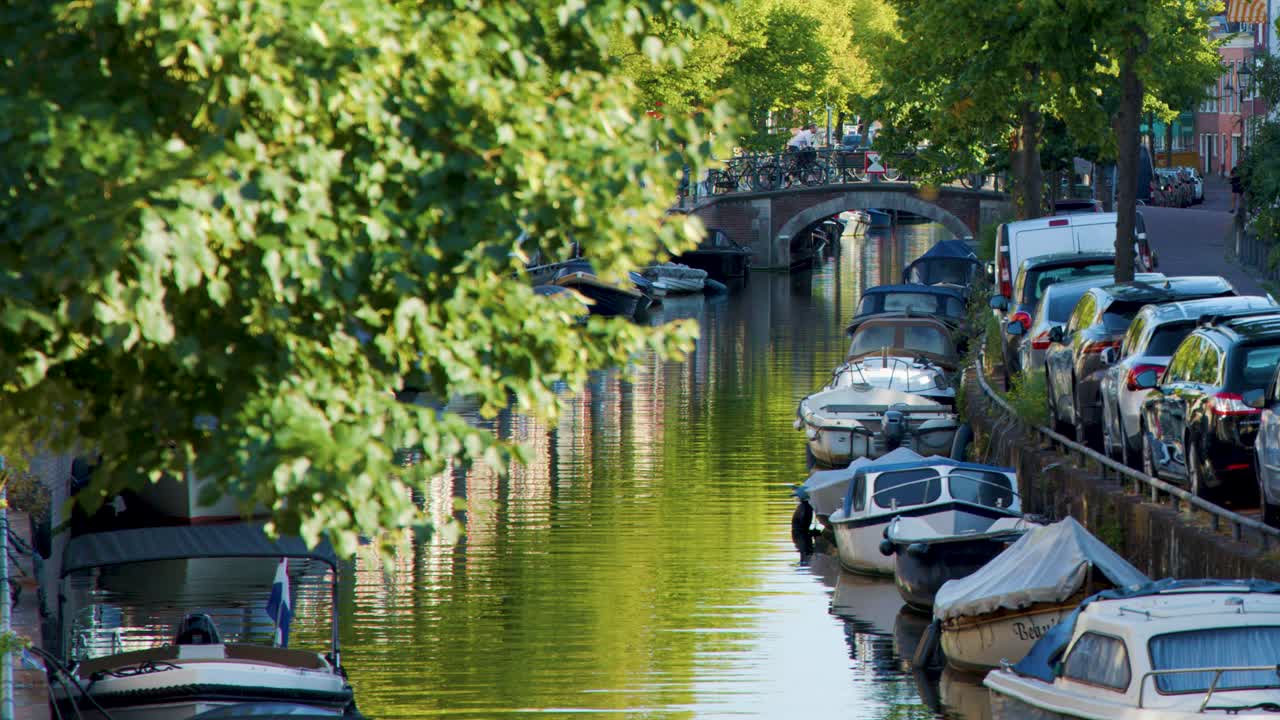 Daytime view of Amsterdam canal, moored boats, leafy trees, and distant bridge, steady camera