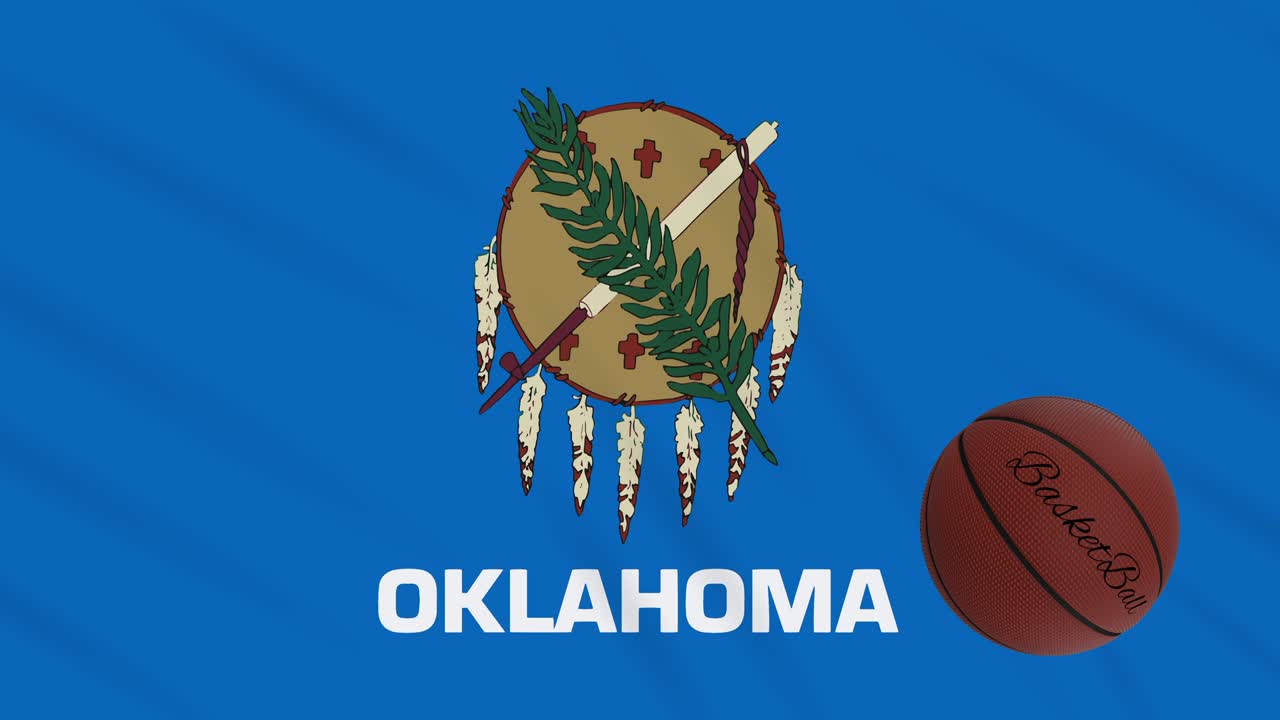 la bandera de oklahoma ondeando y la pelota de baloncesto girando, bucle